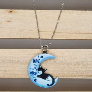 “I Love You to the Moon and Back” Crescent Moon Cat Pendant Necklace